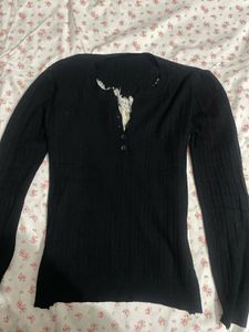 Black Long Sleeve Knit Top with Lace Detail