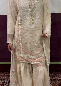 Elegant White Kurta Set with Dupatta and shahrara