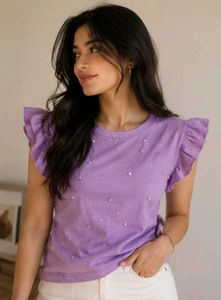 Purple Pearl Embellished Flutter Sleeve Top