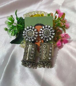 Kundan Stone Oxidised Jhumke