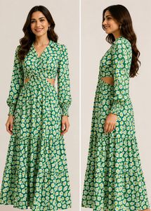 Green Floral Cutout Maxi Dress