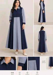 Elegant Navy Blue &amp; Grey Long Shirt Dress