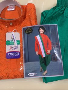 Kids' Orange and Green Kurta Pajama Set