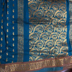 💫 Royal Peacock 🦚 Blue Synthetic Silk Saree 💫