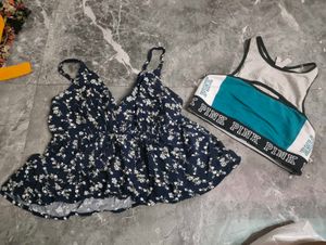 Floral Tank Top &amp; Pink Sports Bra Set
