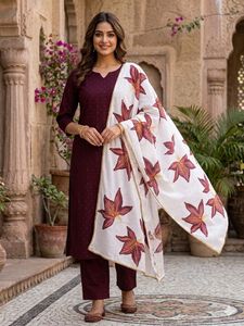 Wine Kurta with Floral Dupatta