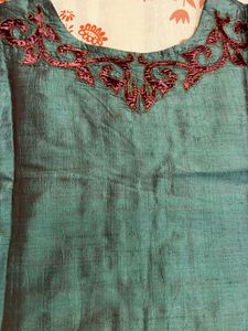 Elegant Teal Kurta with Maroon Velvet Embroidery