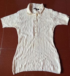 Cream Ribbed Polo Neck Top
