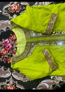 Lime Green Anarkali Kurta with Mirror Work