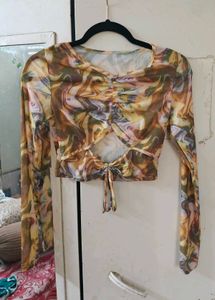 Mesh Ruched Tie Front Long Sleeve Top