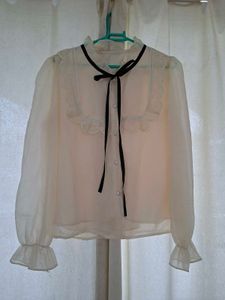 Sheer White Blouse with Black Ribbon Detail