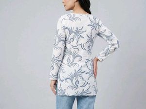 White Kurta with Blue Floral Print