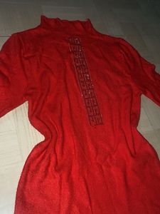 Red Mock Neck Top with Embellishment