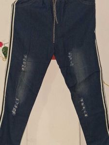 Distressed Denim Joggers with Side Stripes