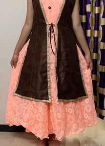 Peach Dress or Gown with Brown Overcoat