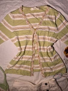 Striped V-Neck Cardigan with Lace Trim