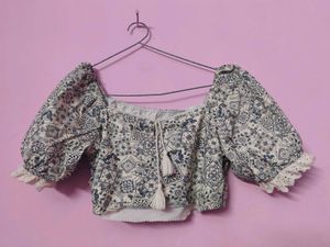 Boho Print Crop Top with Tassels
