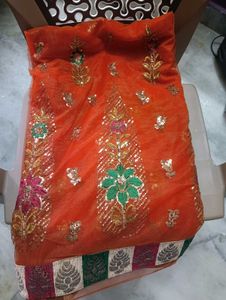 Orange Embroidered Net Saree no blouse