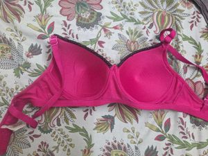 Pink Padded Bra with Black Lace Trim