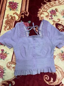 Cute Lavender Gingham Puff Sleeve Top