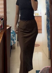 Brown Satin Midi Skirt