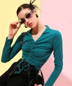Teal Ruched Collared Long Sleeve Top