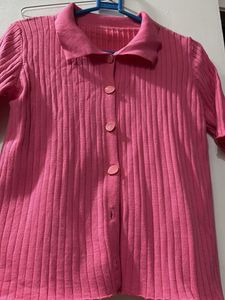 Pink Ribbed Knit Button-Up Top