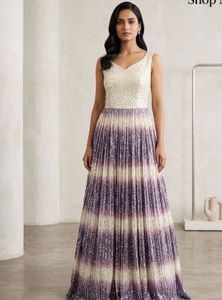 Neerus Sequin Embellished Pleated Gown