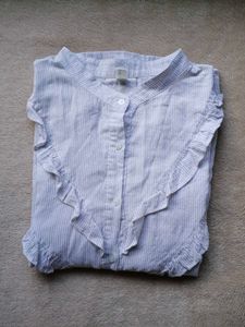 White and Grey Striped Ruffle Blouse