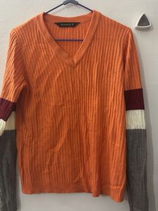 Ribbed V-Neck Sweater with Colorblock Sleeves