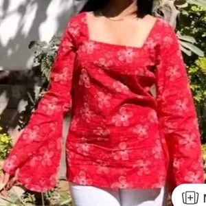Red Floral Print Kurta Top