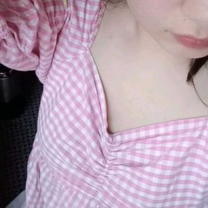 Pink And White Checked ( Gingham) Neck Blouson Top