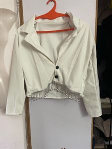 White Cropped Blazer with Silver Fringe