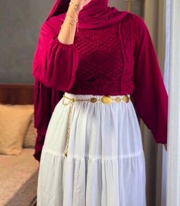 Maroon Crochet Crop Top with skirt and waist chain