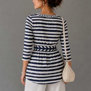 Striped Tunic Top with Embellished Neckline