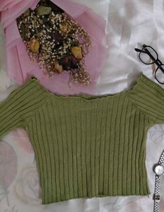 Green Ribbed Off-Shoulder Top
