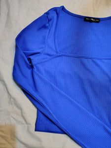 Ribbed Blue Square Neck Top