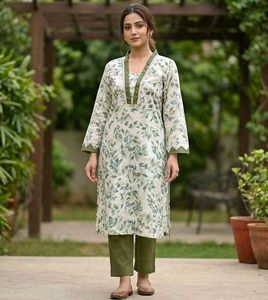 Leaf Print Cotton Kurta with touser set