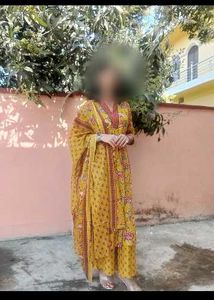 Yellow Floral Print Kurta Set with Dupatta