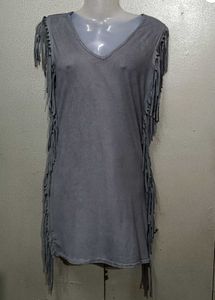 Stylish Grey Fringed Tunic Top/Dress