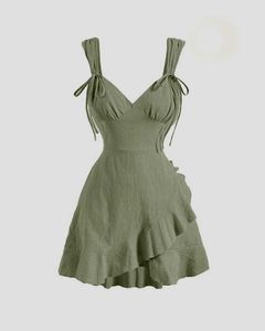 Olive Green Ruffle Tie Strap Dress