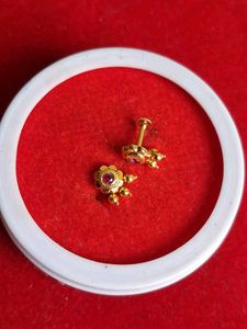 Gold Stud Earrings with Red Stone