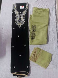 Elegant Black & Green Embroidered Kurta Set