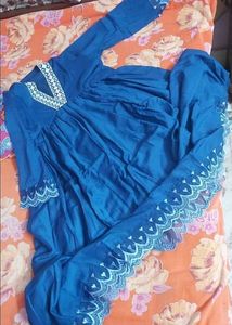 Blue v-neck embroidered Kurti Trouser Dupatta Set
