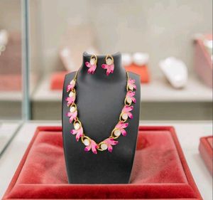 Elegant Pink Flower & Pearl Necklace Set