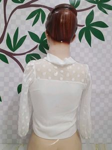 (1100)White Polka Dot Sheer Sleeve Blouse