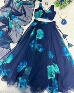 Floral Print Navy Blue Lehenga Choli