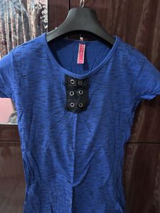 Blue Textured Top with Eyelet Detail