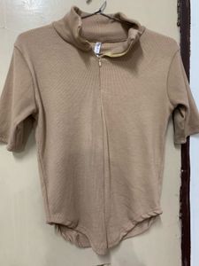 Beige Ribbed Zip Neck Top