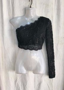 I. Sequin Lace One-Shoulder Crop Top